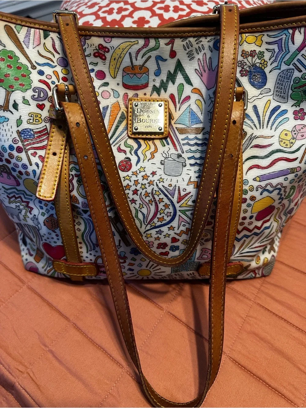 Dooney & Bourke White Multicolor Doodle Tote with Tan Leather Trim